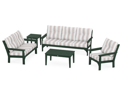 POLYWOOD® Vineyard 5 Piece Deep Seating Set in Green / Cabana Stripe Dune Burlap