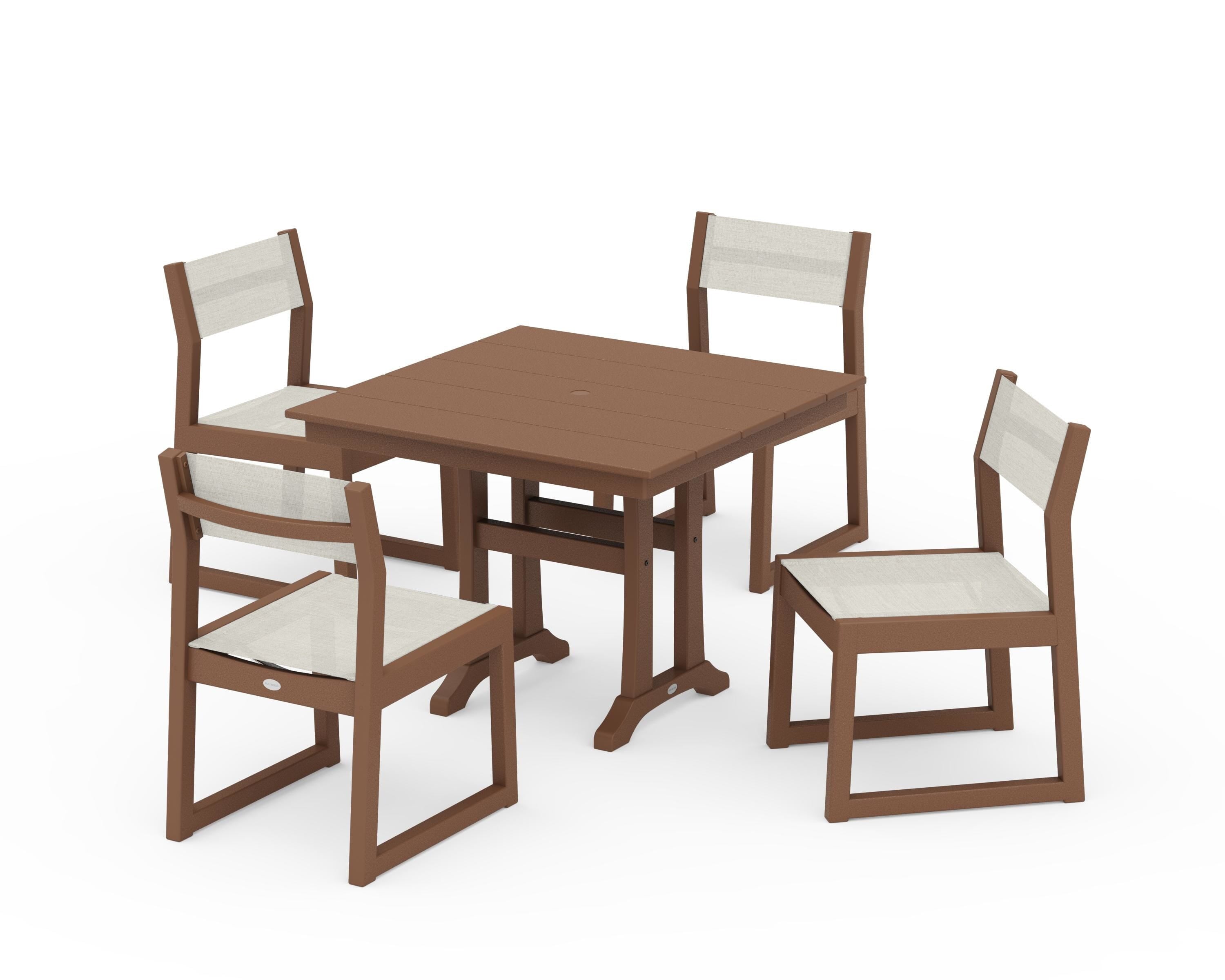 POLYWOOD® EDGE Sling 5-Piece Farmhouse Trestle Side Chair Dining Set in Teak / Parchment Sling