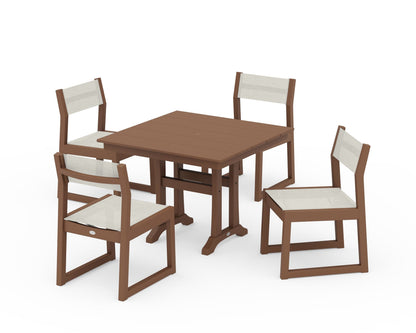 POLYWOOD® EDGE Sling 5-Piece Farmhouse Trestle Side Chair Dining Set in Teak / Parchment Sling
