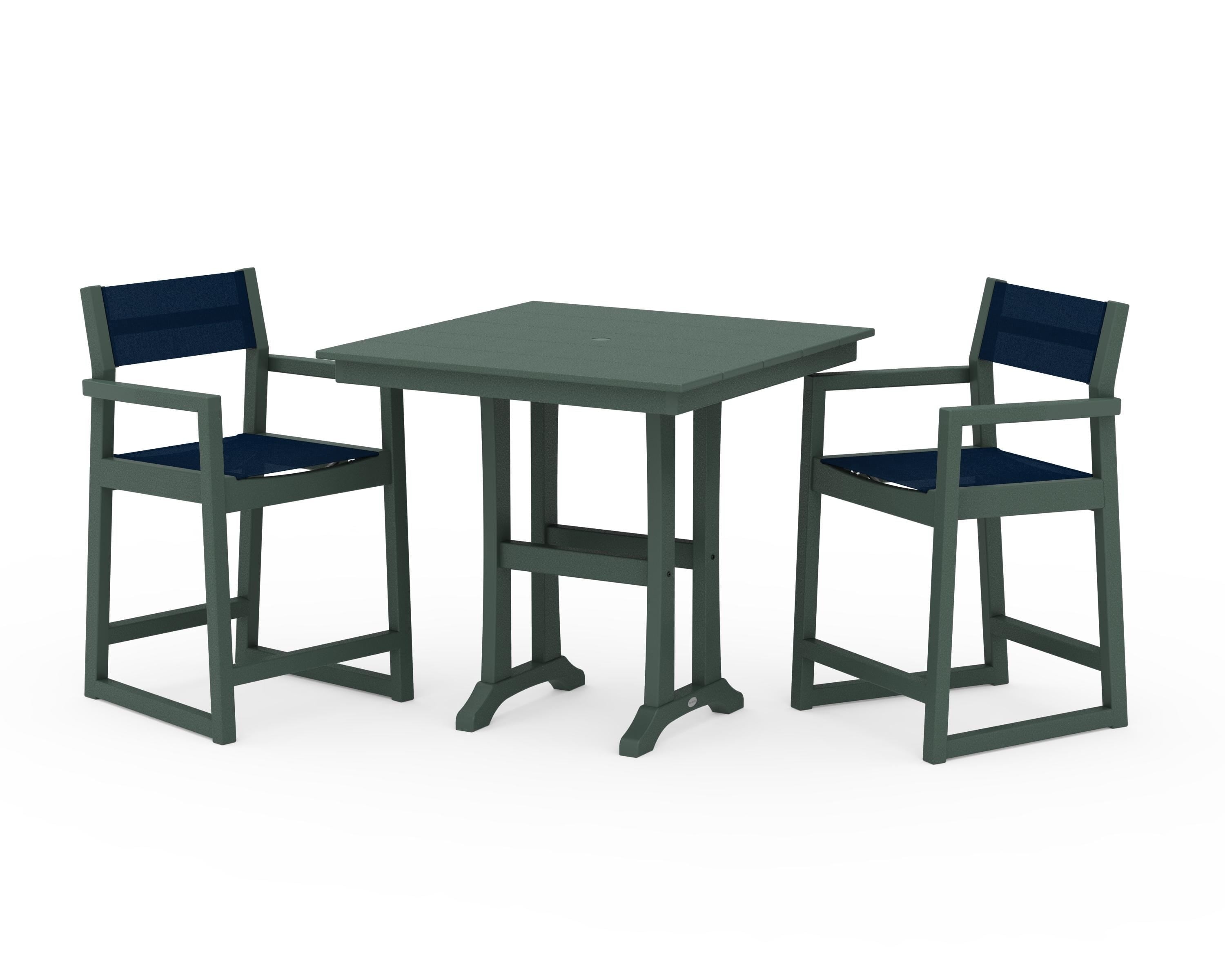 POLYWOOD® EDGE Sling Arm Chair 3-Piece Farmhouse Counter Set with Trestle Legs in Green / Navy Blue Sling
