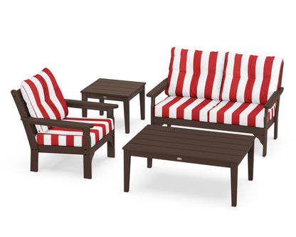 POLYWOOD® Vineyard 4-Piece Deep Seating Set in Mahogany / Cabana Stripe Crimson