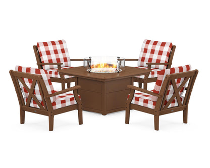 POLYWOOD® Braxton 5-Piece Deep Seating Conversation Set with Fire Pit Table in Teak / Buffalo Plaid Crimson