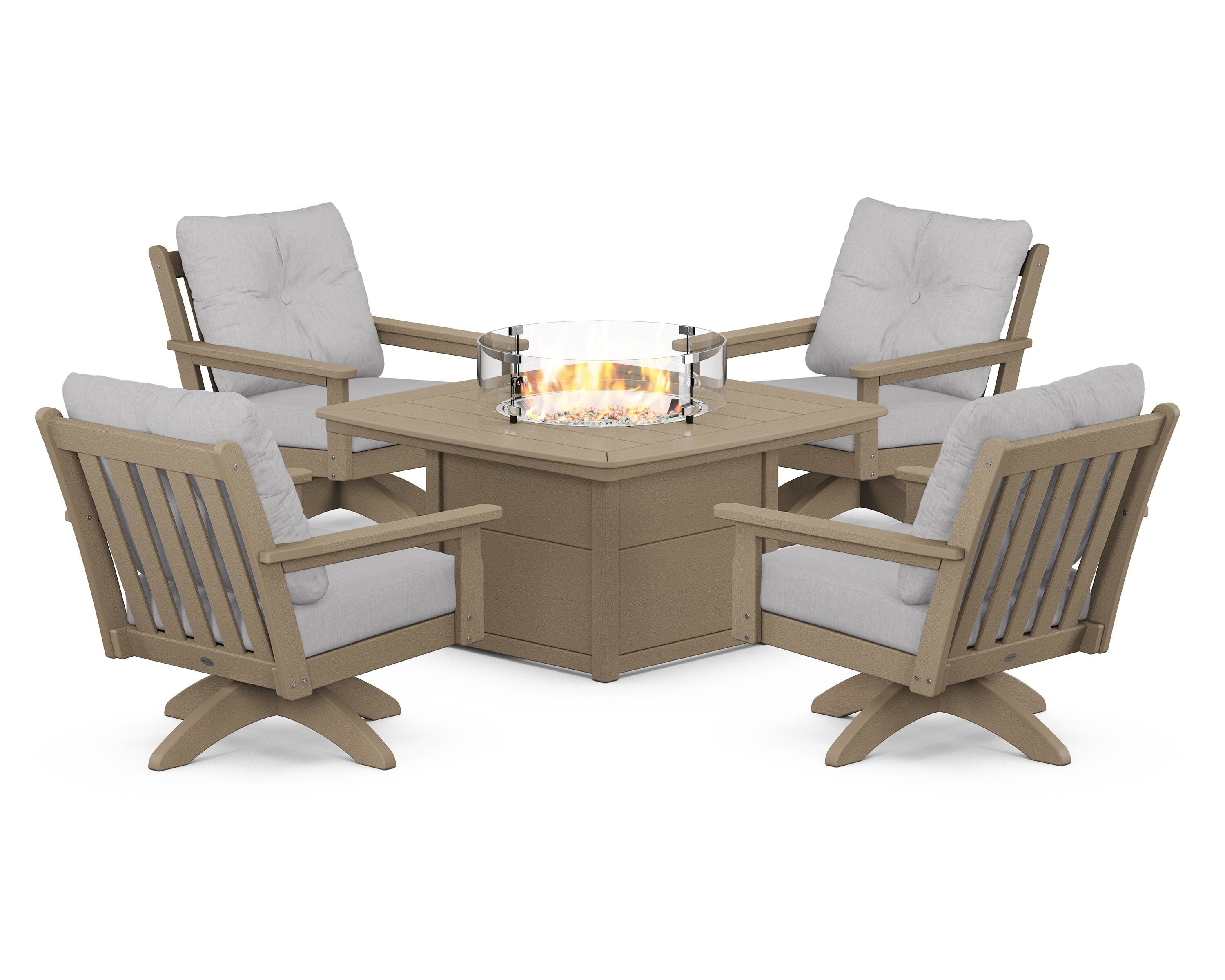POLYWOOD® Vineyard 5-Piece Deep Seating Swivel Conversation Set with Fire Pit Table in Vintage Sahara / Granite