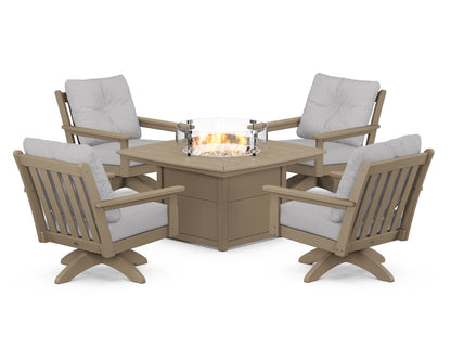 POLYWOOD® Vineyard 5-Piece Deep Seating Swivel Conversation Set with Fire Pit Table in Vintage Sahara / Granite