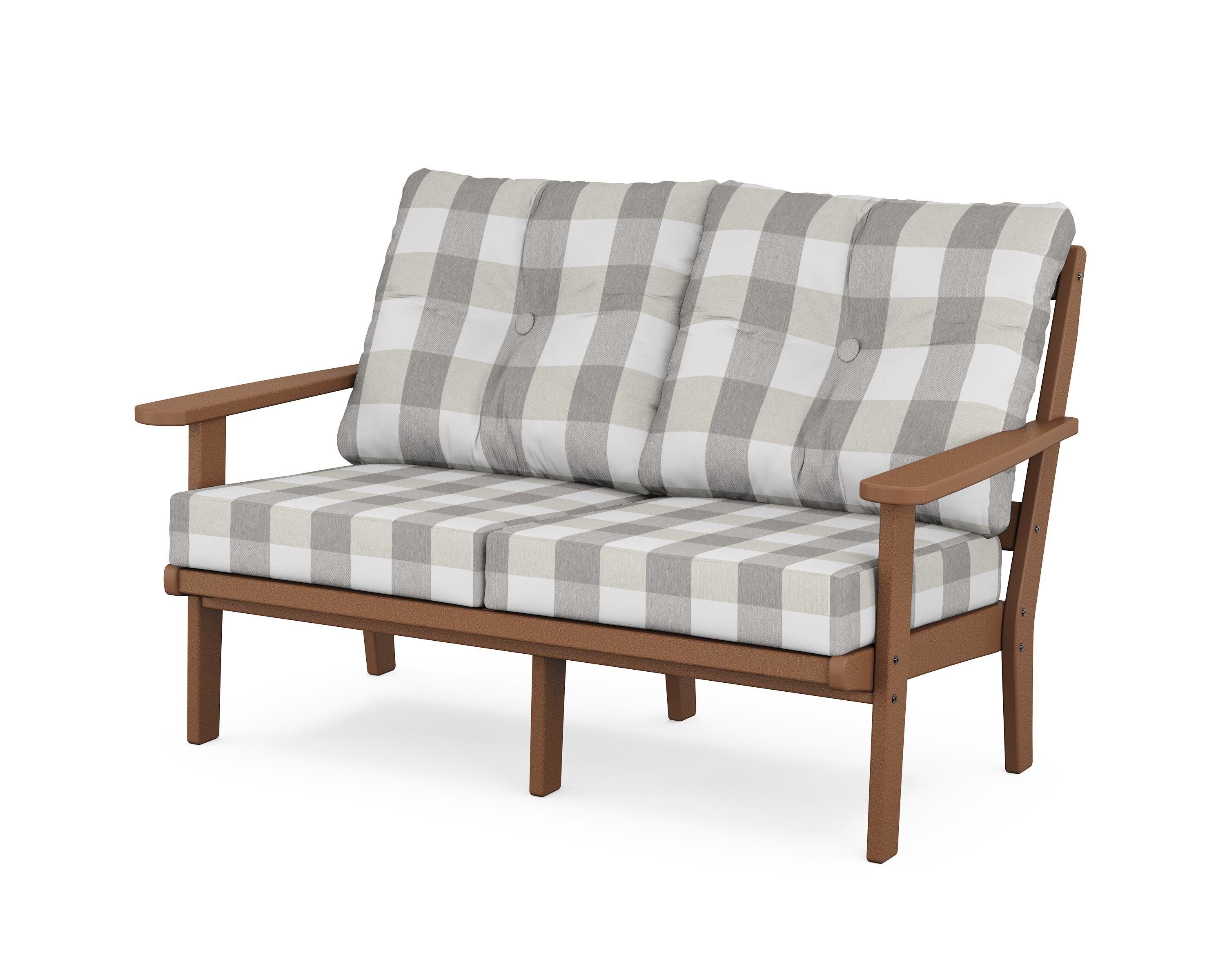 POLYWOOD® Mission Deep Seating Loveseat in Teak / Buffalo Plaid Grey Mist