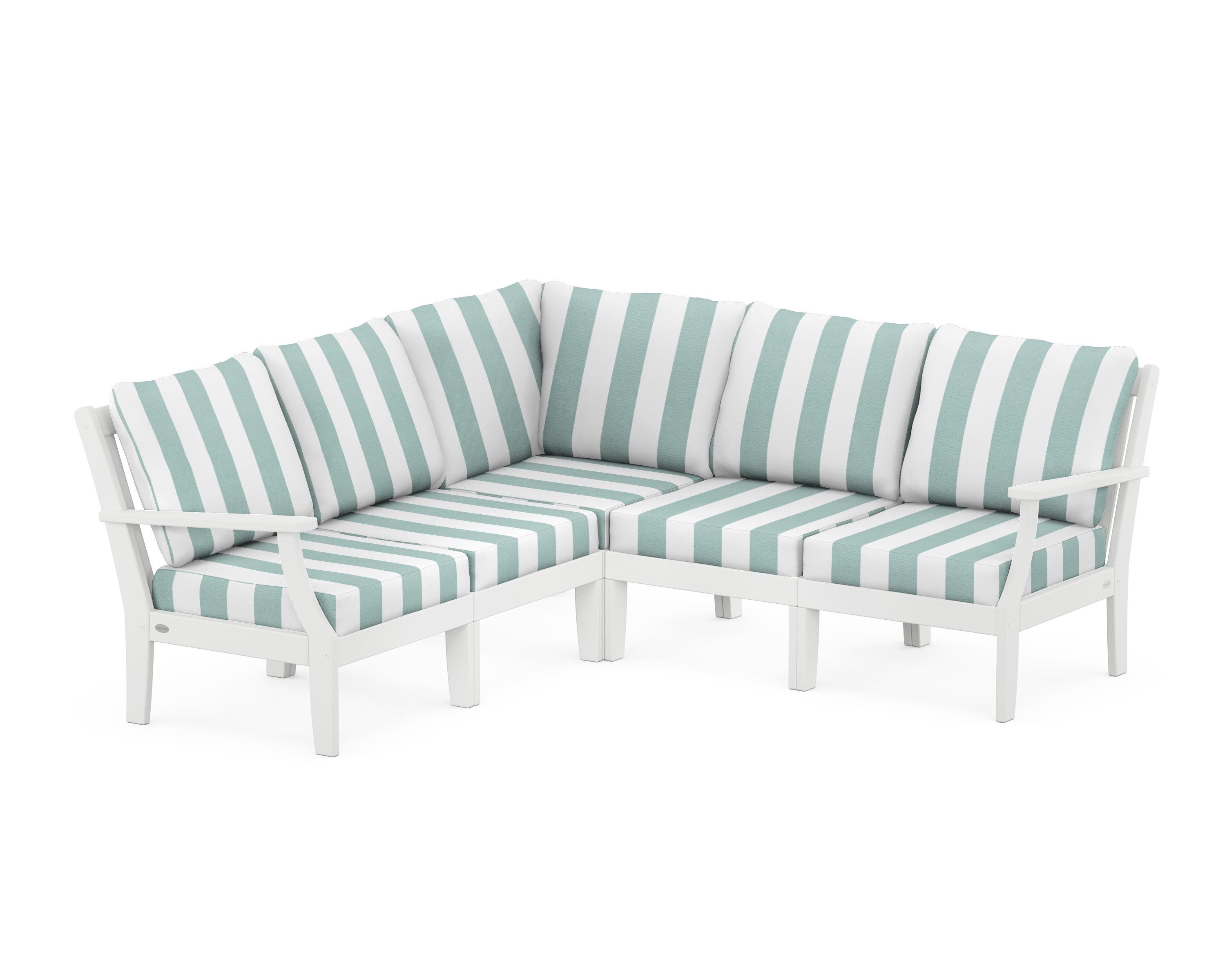 POLYWOOD® Braxton Modular 5-Piece Deep Seating Set in White / Cabana Stripe Glacier Spa