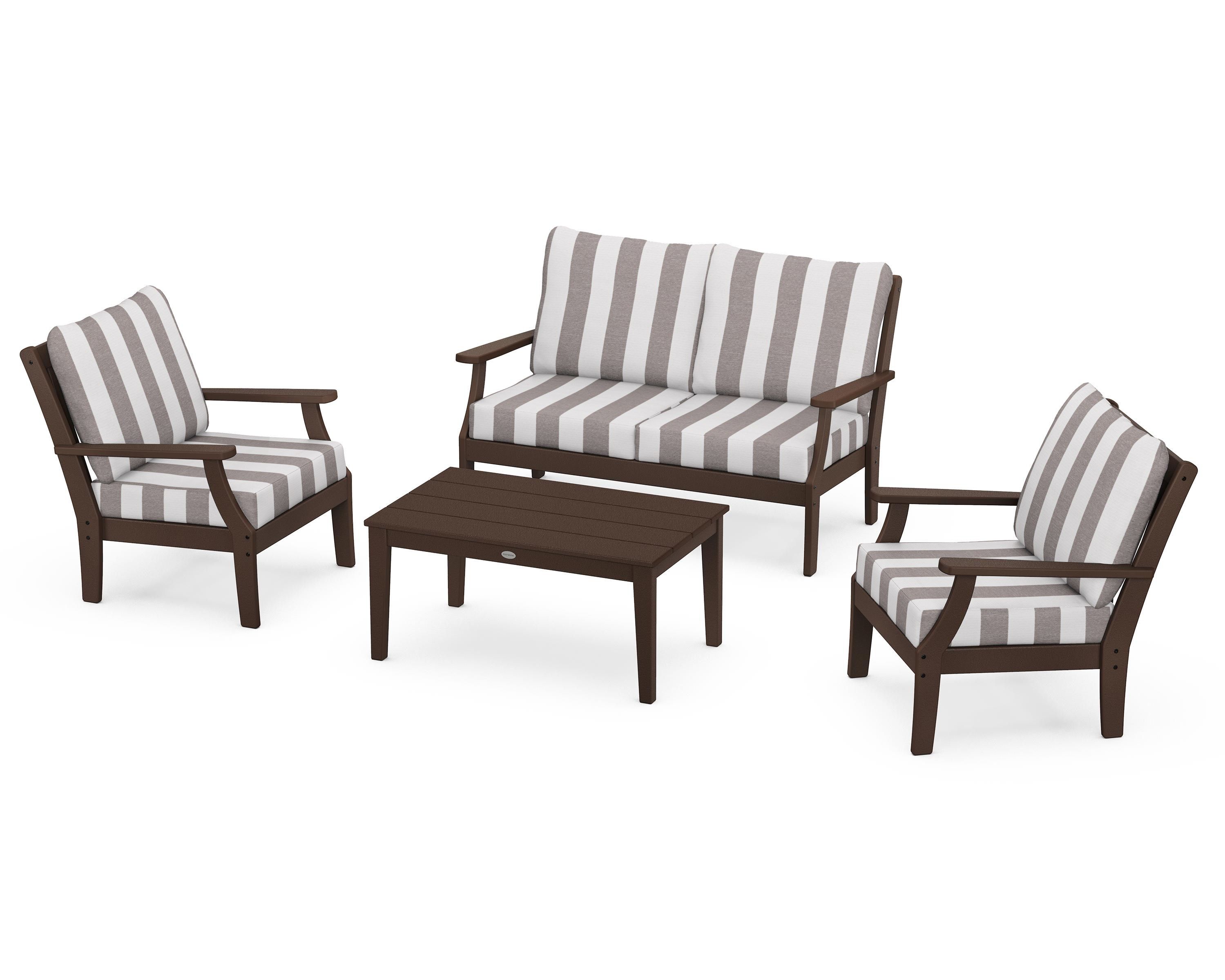 POLYWOOD® Braxton 4-Piece Deep Seating Chair Set in Mahogany / Cabana Stripe Grey Mist