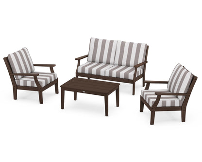 POLYWOOD® Braxton 4-Piece Deep Seating Chair Set in Mahogany / Cabana Stripe Grey Mist