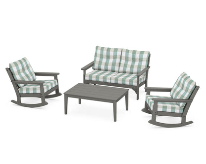 POLYWOOD® Vineyard 4-Piece Deep Seating Rocking Chair Set in Slate Grey / Buffalo Plaid Glacier Spa