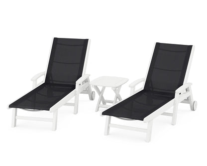 POLYWOOD® Coastal 3-Piece Wheeled Chaise Set in White / Black Sling
