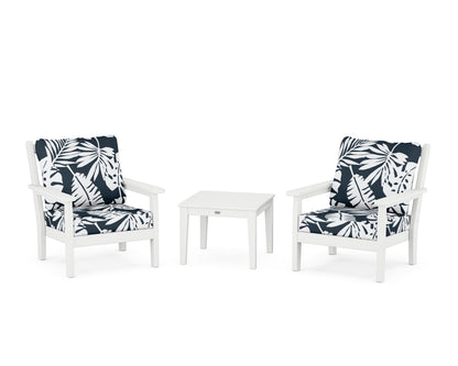POLYWOOD® Chippendale 3-Piece Deep Seating Set in White / Leaf Marine Indigo
