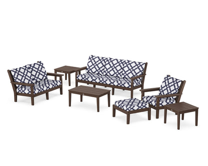 POLYWOOD® Chippendale 7-Piece Deep Seating Set in Mahogany / Trellis Navy