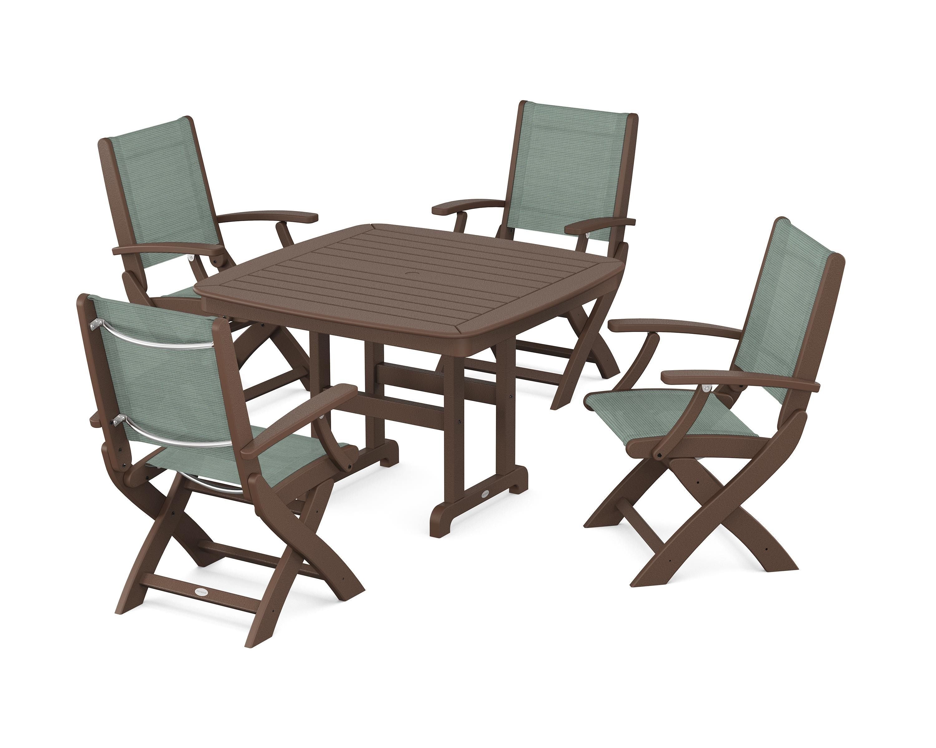 POLYWOOD® Coastal Folding Chair 5-Piece Dining Set in Mahogany / Dupioni Sea Mist Sling