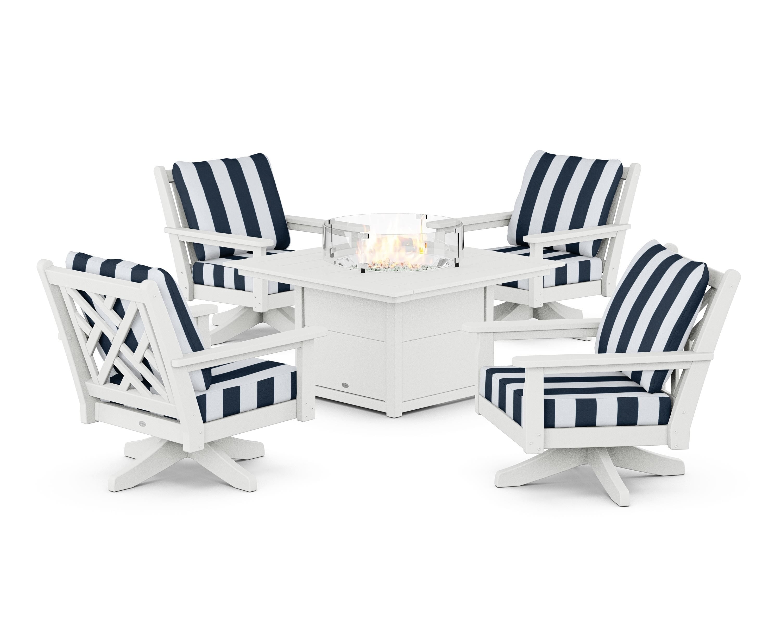 POLYWOOD® Chippendale 5-Piece Deep Seating Swivel Conversation Set with Fire Pit Table in White / Cabana Stripe Marine Indigo