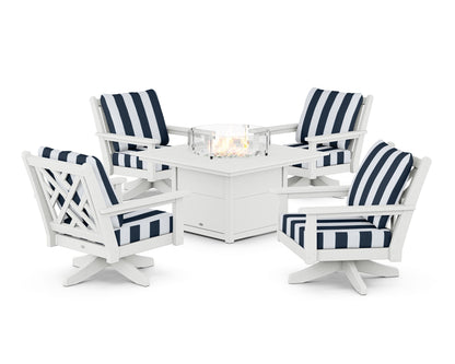 POLYWOOD® Chippendale 5-Piece Deep Seating Swivel Conversation Set with Fire Pit Table in White / Cabana Stripe Marine Indigo