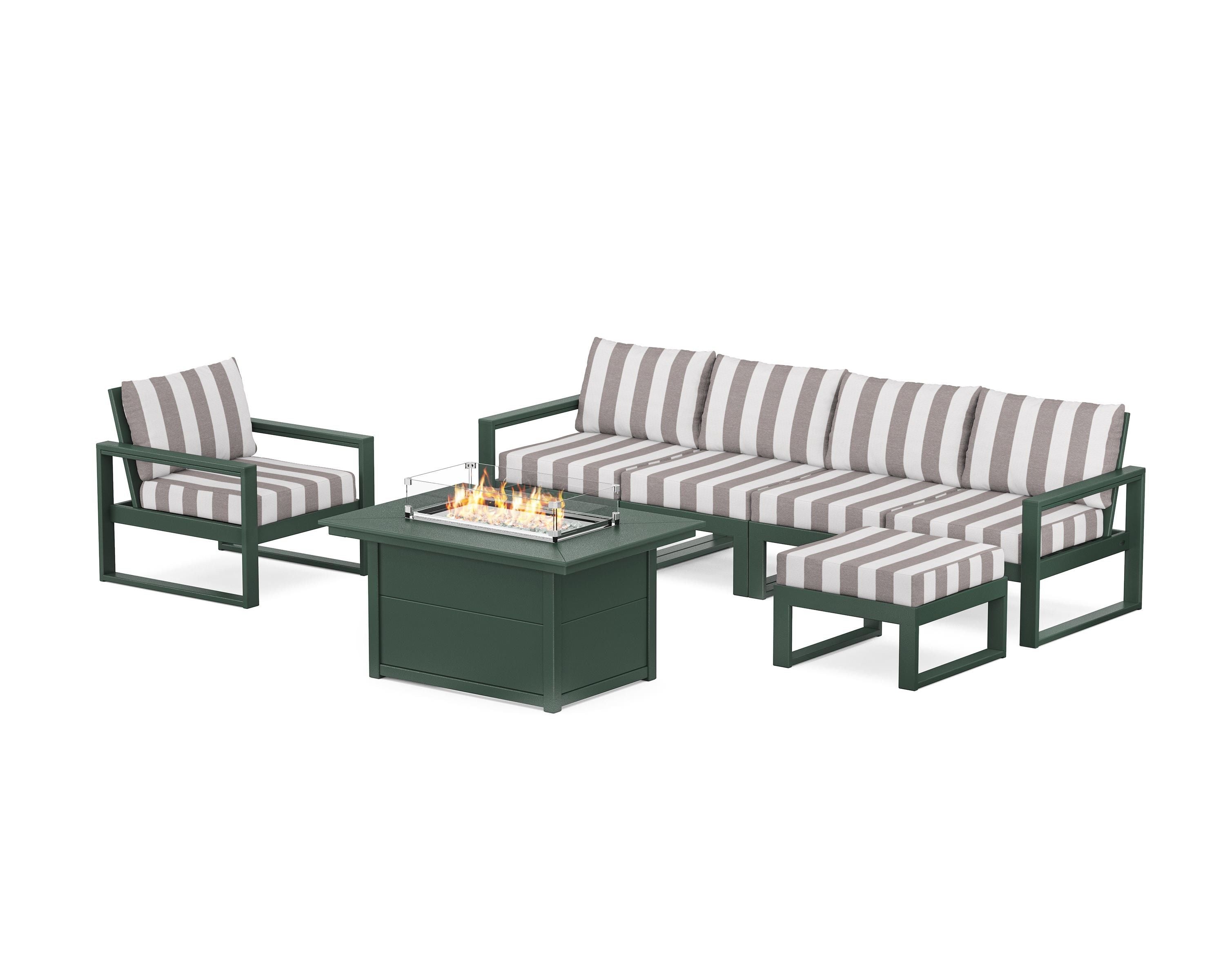 POLYWOOD® EDGE Sectional Lounge and Fire Pit Set in Green / Cabana Stripe Grey Mist