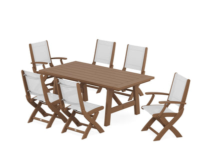 POLYWOOD® Coastal Folding Chair 7-Piece Rustic Farmhouse Dining Set in Teak / White Sling