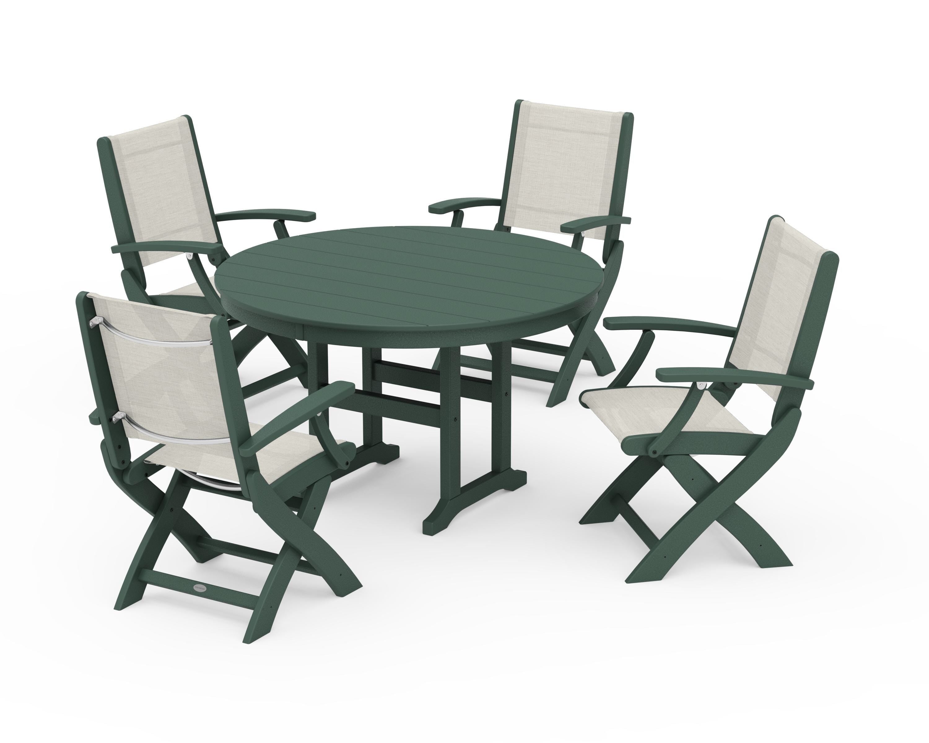 POLYWOOD® Coastal Folding Chair 5-Piece Round Dining Set in Green / Parchment Sling