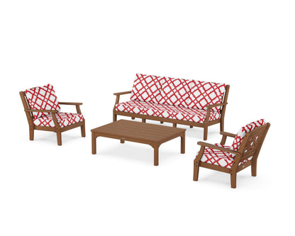 Martha Stewart by POLYWOOD® Chinoiserie 4-Piece Deep Seating Set with Sofa in Teak / Trellis Crimson