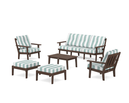 POLYWOOD® Oxford 6-Piece Lounge Sofa Set in Mahogany / Cabana Stripe Glacier Spa
