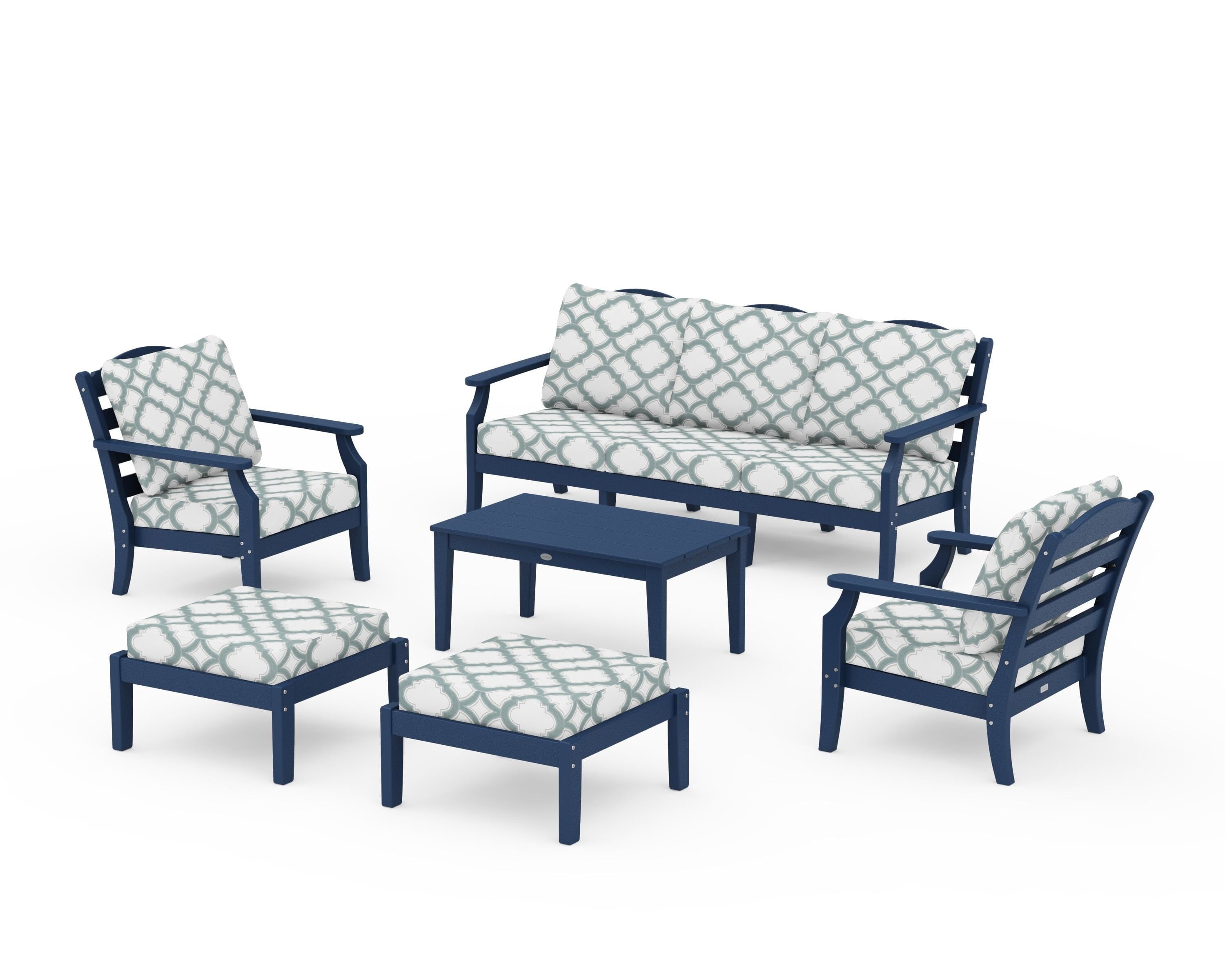 Draper James™ by  POLYWOOD® Savannah 6-Piece Lounge Sofa Set in Navy / Trellis Glacier Spa