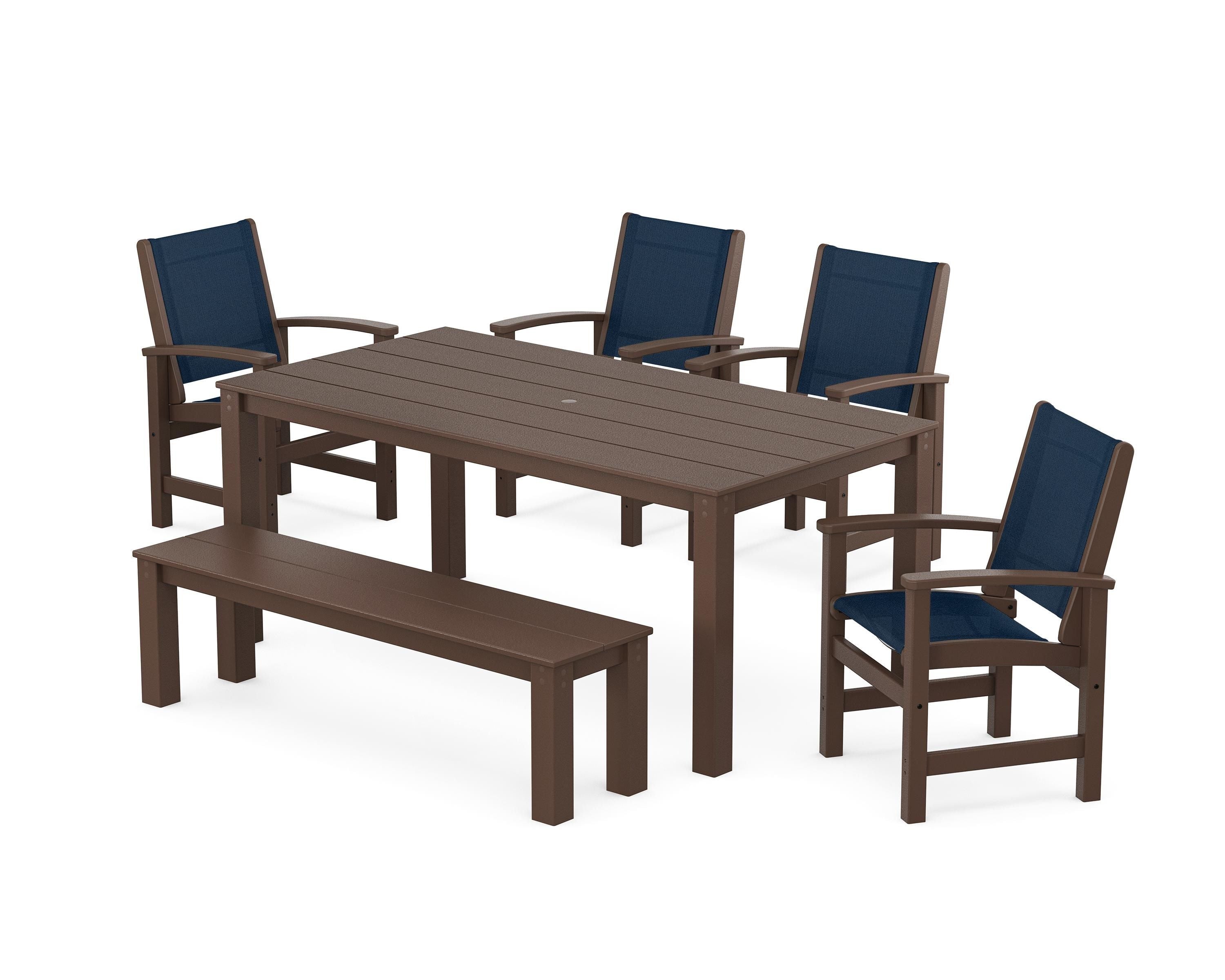 POLYWOOD® Coastal 6-Piece Parsons Dining Set with Bench in Mahogany / Navy Blue Sling