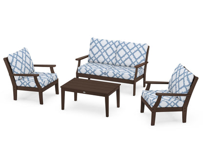 POLYWOOD® Braxton 4-Piece Deep Seating Chair Set in Mahogany / Trellis Sky Blue