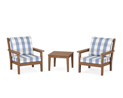 POLYWOOD® Chippendale 3-Piece Deep Seating Set in Teak / Buffalo Plaid Sky Blue