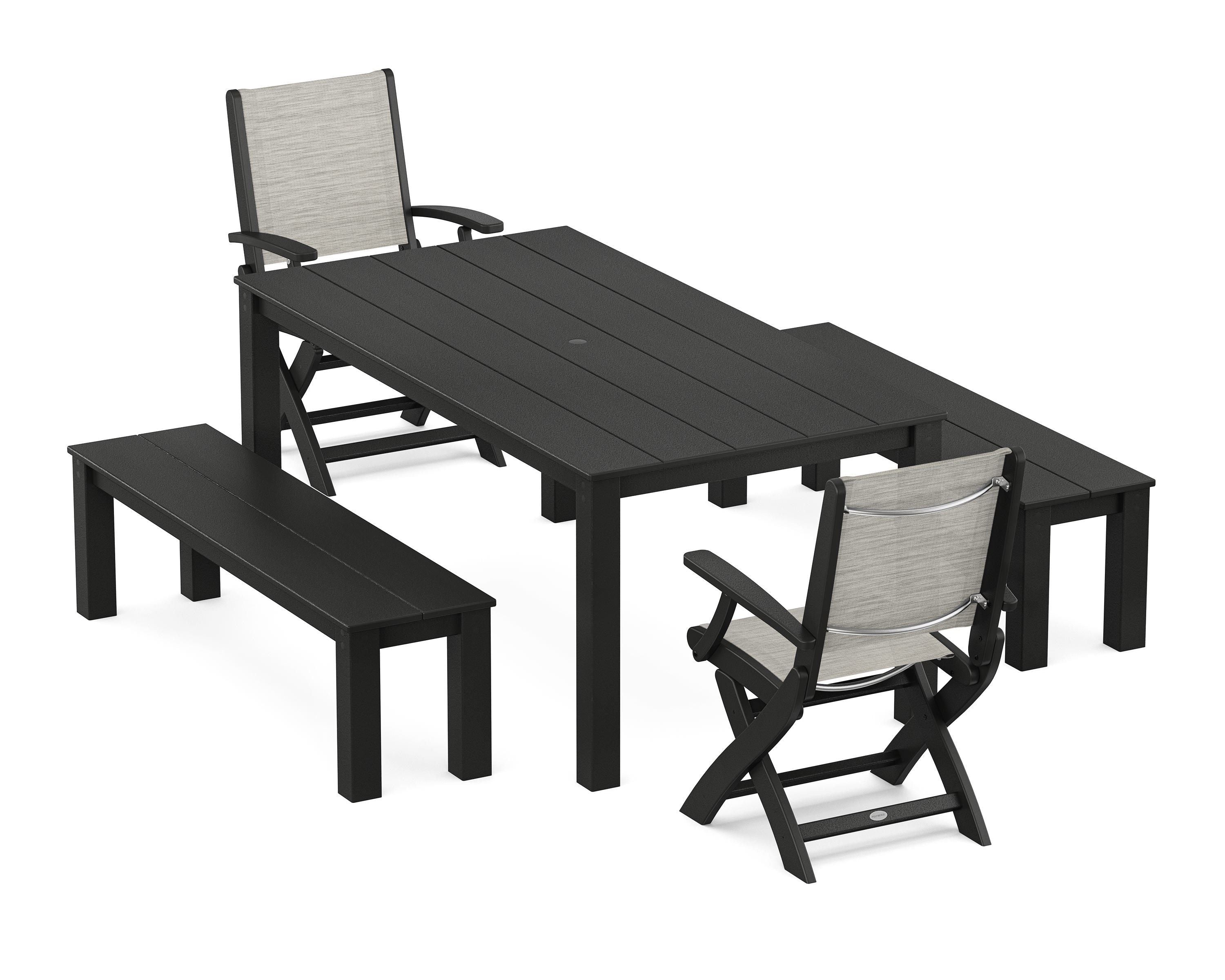 POLYWOOD® Coastal Folding Chair 5-Piece Parsons Dining Set with Benches in Black / Birch Sling