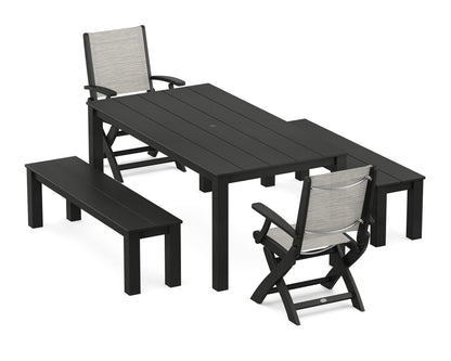 POLYWOOD® Coastal Folding Chair 5-Piece Parsons Dining Set with Benches in Black / Birch Sling