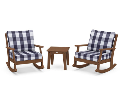 POLYWOOD® Braxton 3-Piece Deep Seating Rocker Set in Teak / Buffalo Plaid Navy