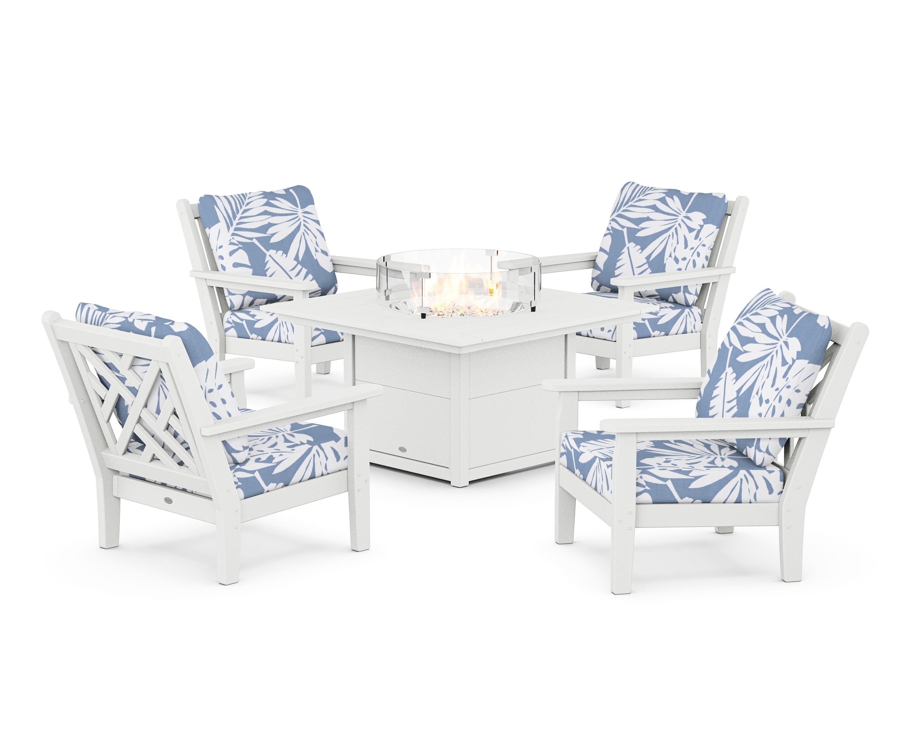 POLYWOOD® Chippendale 5-Piece Deep Seating Set with Fire Pit Table in White / Leaf Sky Blue