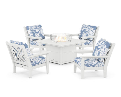 POLYWOOD® Chippendale 5-Piece Deep Seating Set with Fire Pit Table in White / Leaf Sky Blue