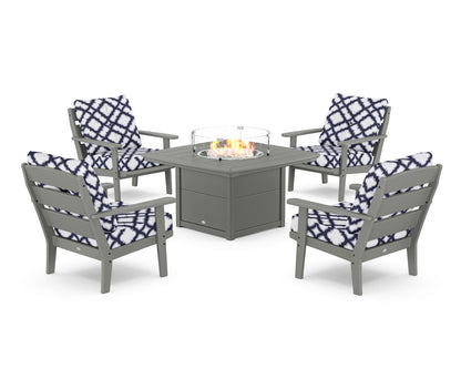 POLYWOOD® Lakeside 5-Piece Deep Seating Set with Nautical Fire Pit Table in Slate Grey / Trellis Navy