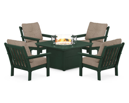 POLYWOOD® Vineyard 5-Piece Conversation Set with Fire Pit Table in Green / Spiced Burlap