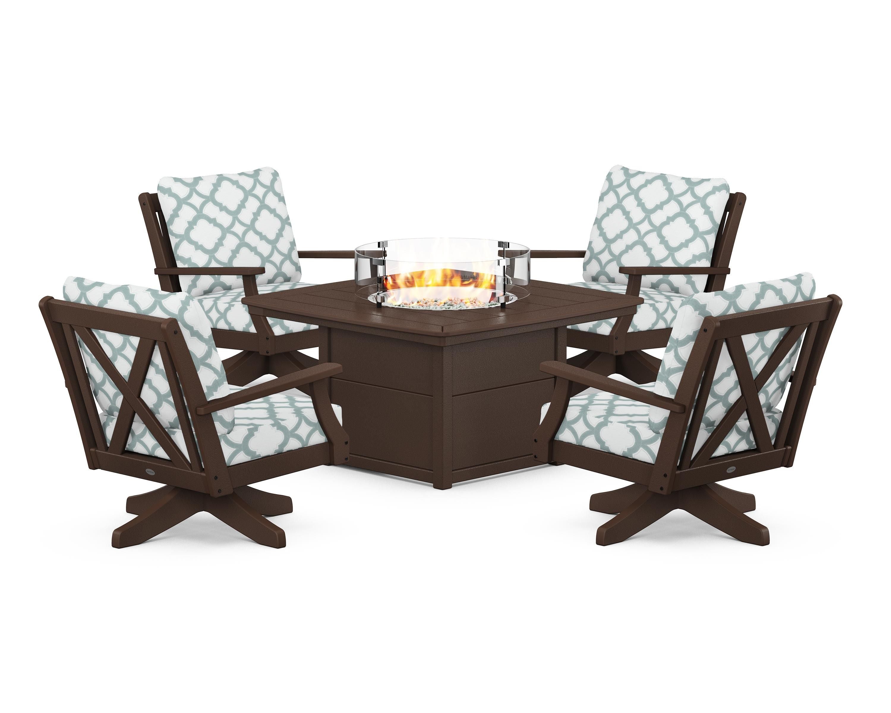 POLYWOOD® Braxton 5-Piece Deep Seating Swivel Conversation Set with Fire Pit Table in Mahogany / Trellis Glacier Spa