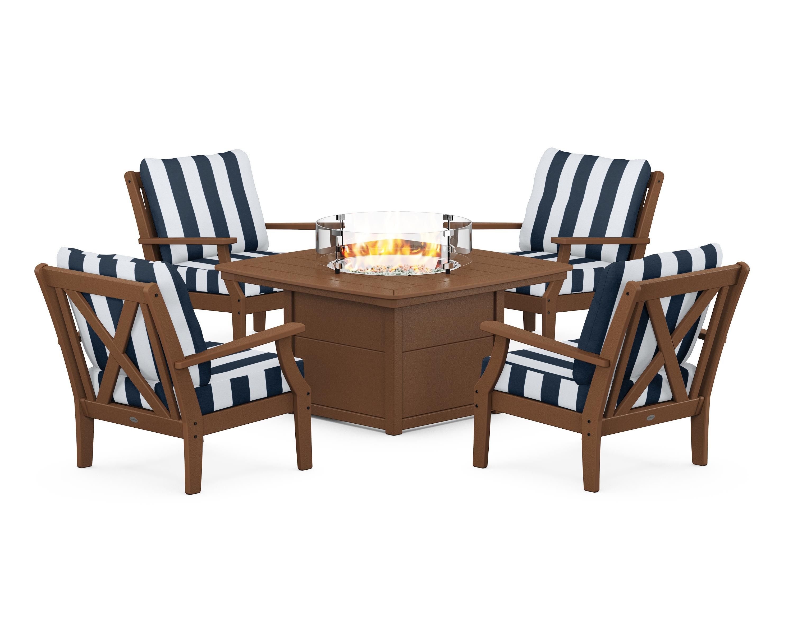 POLYWOOD® Braxton 5-Piece Deep Seating Conversation Set with Fire Pit Table in Teak / Cabana Stripe Marine Indigo