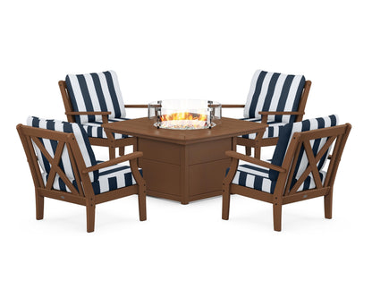 POLYWOOD® Braxton 5-Piece Deep Seating Conversation Set with Fire Pit Table in Teak / Cabana Stripe Marine Indigo