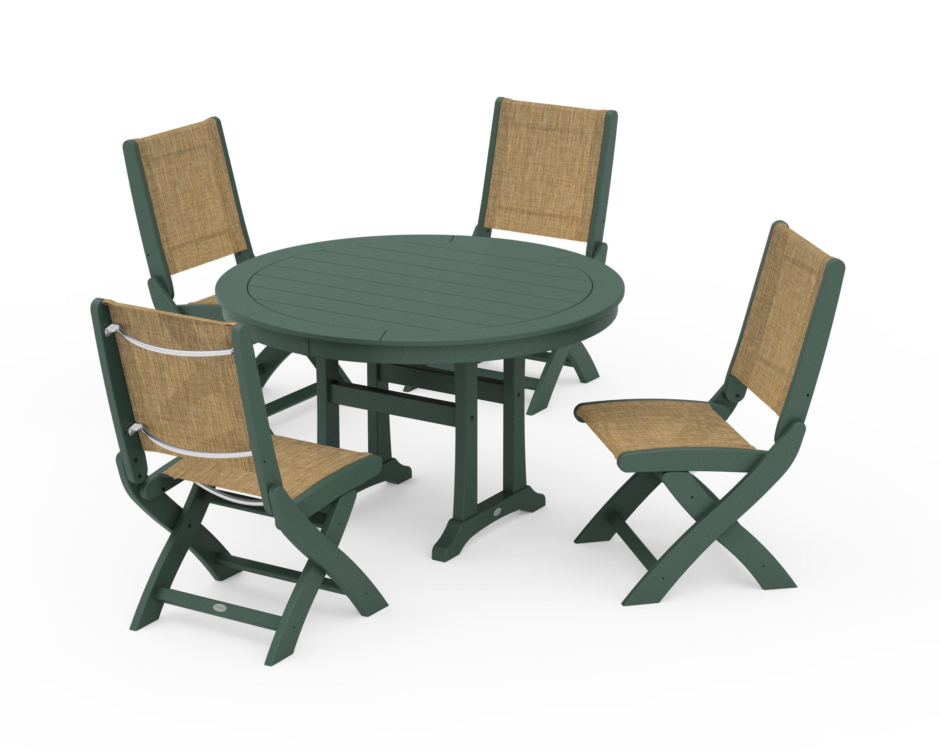 POLYWOOD® Coastal Folding Side Chair 5-Piece Round Dining Set With Trestle Legs in Green / Burlap Sling