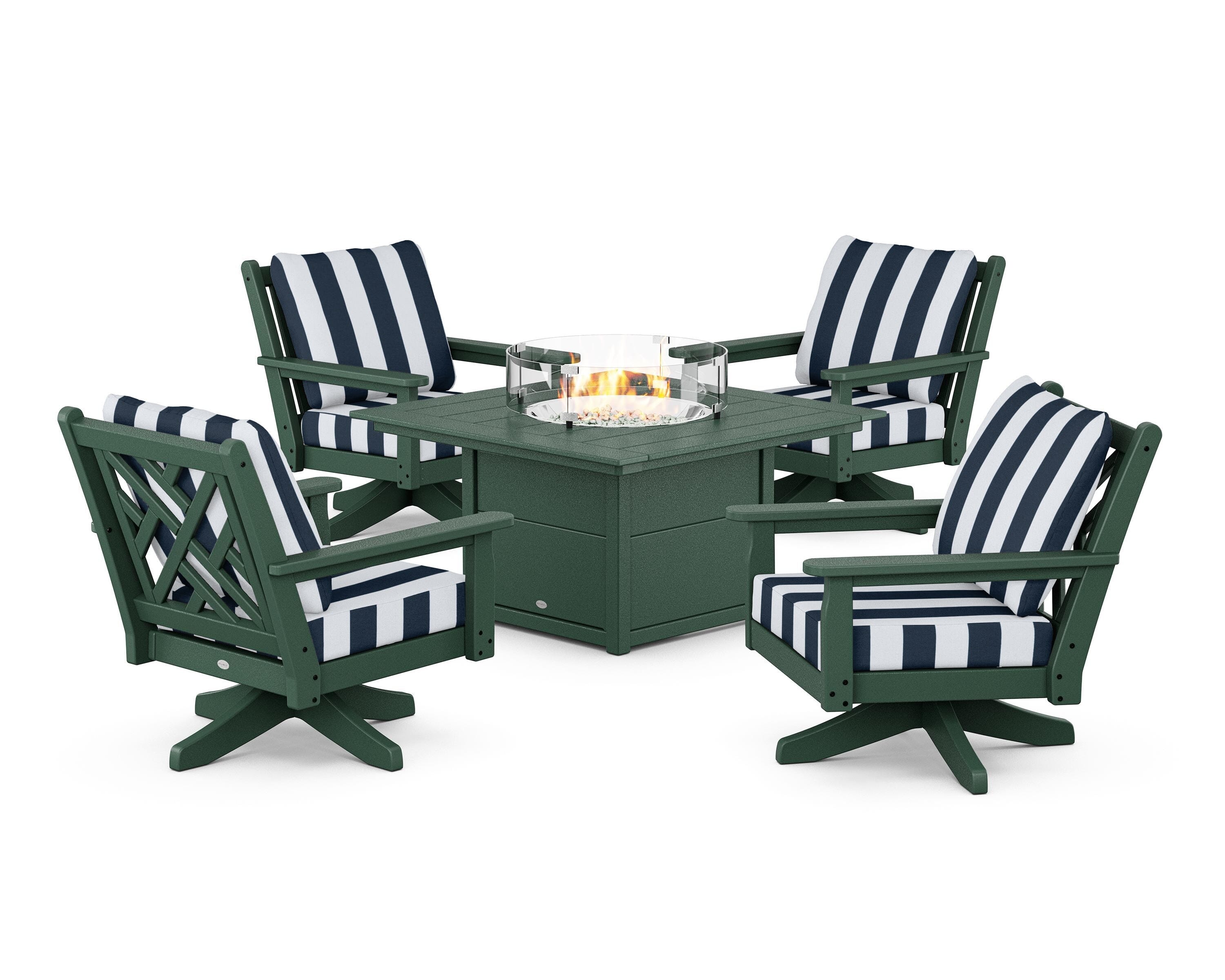 POLYWOOD® Chippendale 5-Piece Deep Seating Swivel Conversation Set with Fire Pit Table in Green / Cabana Stripe Marine Indigo