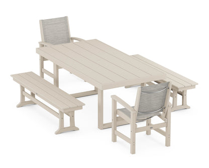 POLYWOOD® Coastal 5-Piece Dining Set with Trestle Legs in Sand / Birch Sling