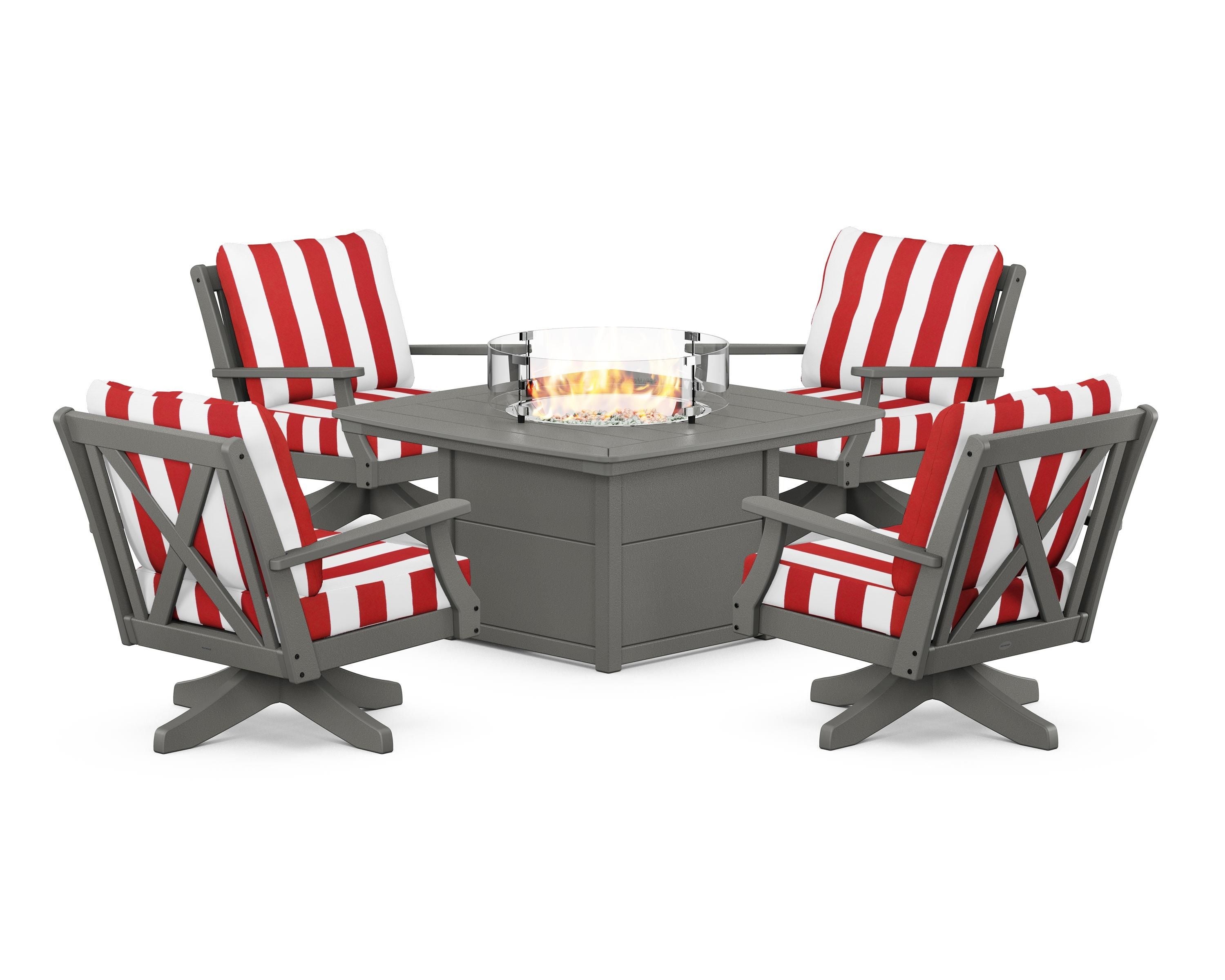 POLYWOOD® Braxton 5-Piece Deep Seating Swivel Conversation Set with Fire Pit Table in Slate Grey / Cabana Stripe Crimson
