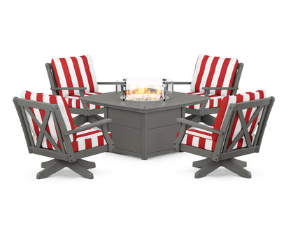 POLYWOOD® Braxton 5-Piece Deep Seating Swivel Conversation Set with Fire Pit Table in Slate Grey / Cabana Stripe Crimson