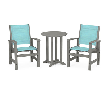 POLYWOOD® Coastal 3-Piece Round Bistro Dining Set in Slate Grey / Dupioni Aquamarine Sling