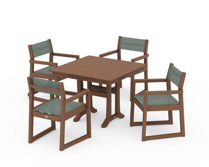 POLYWOOD® EDGE Sling 5-Piece Farmhouse Dining Set with Trestle Legs in Teak / Dupioni Sea Mist Sling