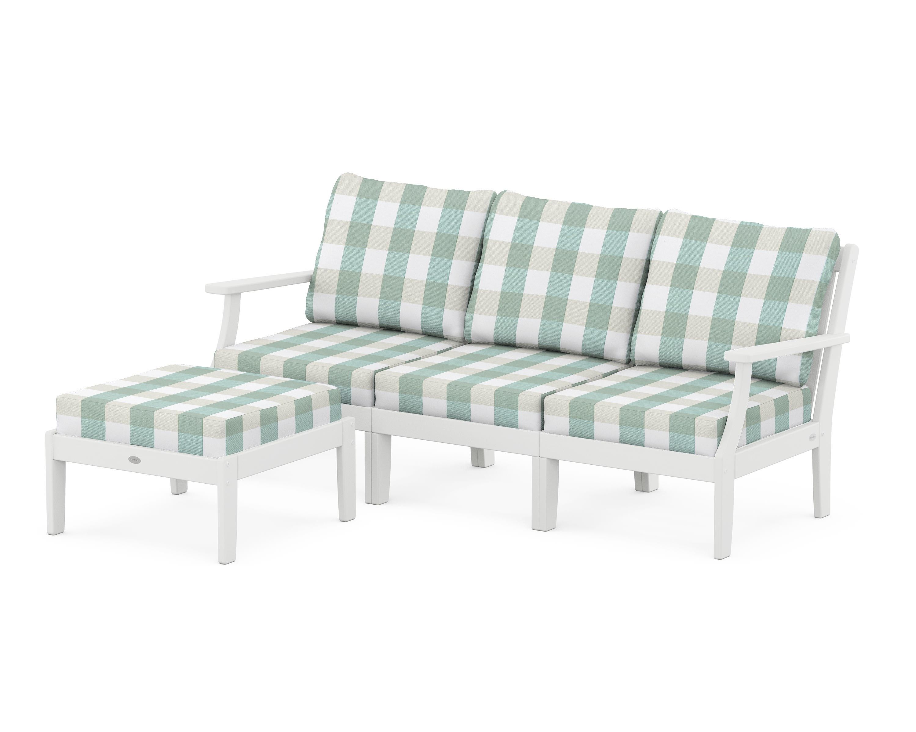 POLYWOOD® Braxton Modular 4-Piece Deep Seating Set with Ottoman in White / Buffalo Plaid Glacier Spa