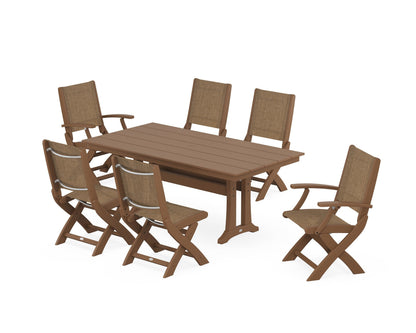 POLYWOOD® Coastal Folding Chair 7-Piece Farmhouse Dining Set with Trestle Legs in Teak / Burlap Sling