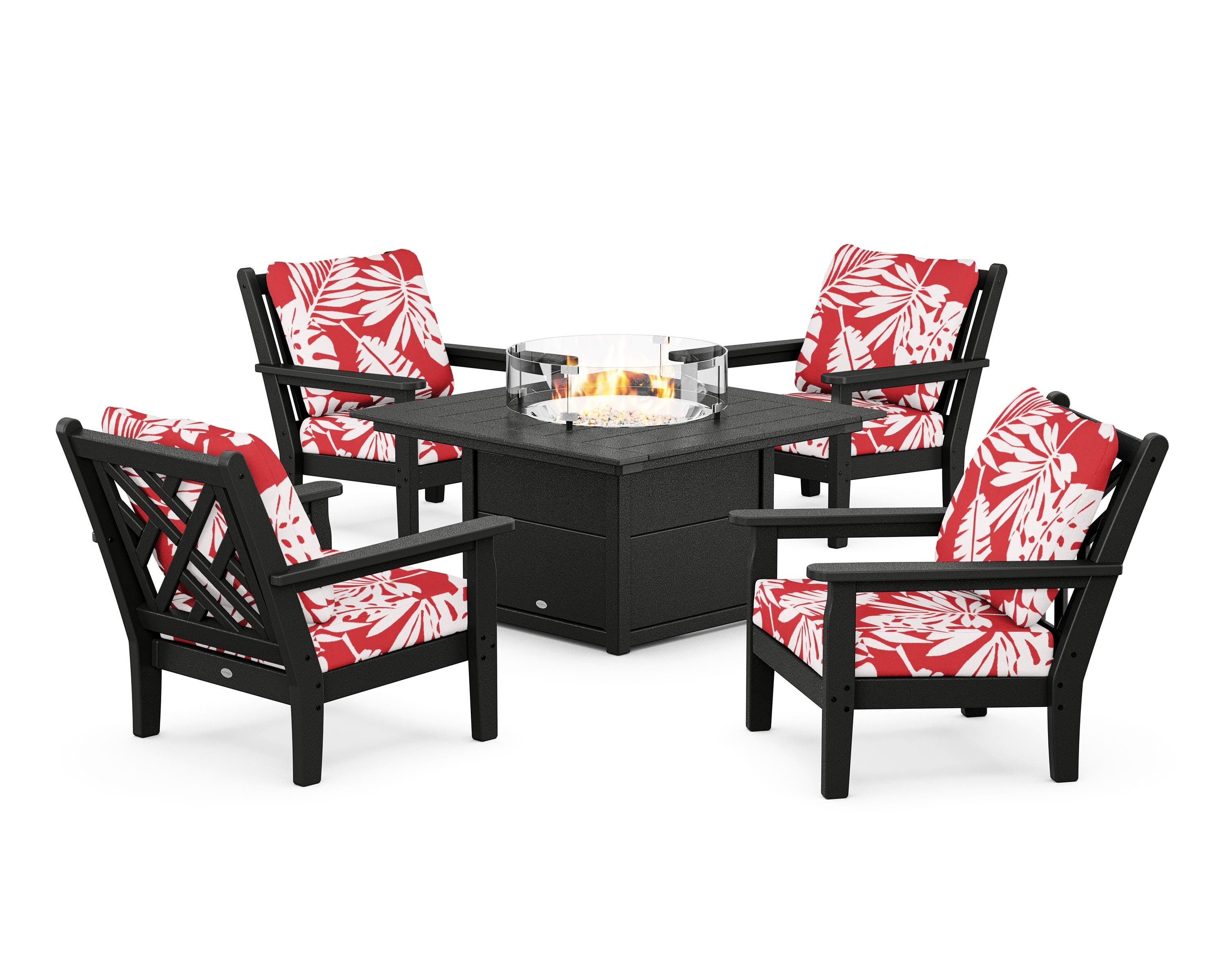 POLYWOOD® Chippendale 5-Piece Deep Seating Set with Fire Pit Table in Black / Leaf Crimson