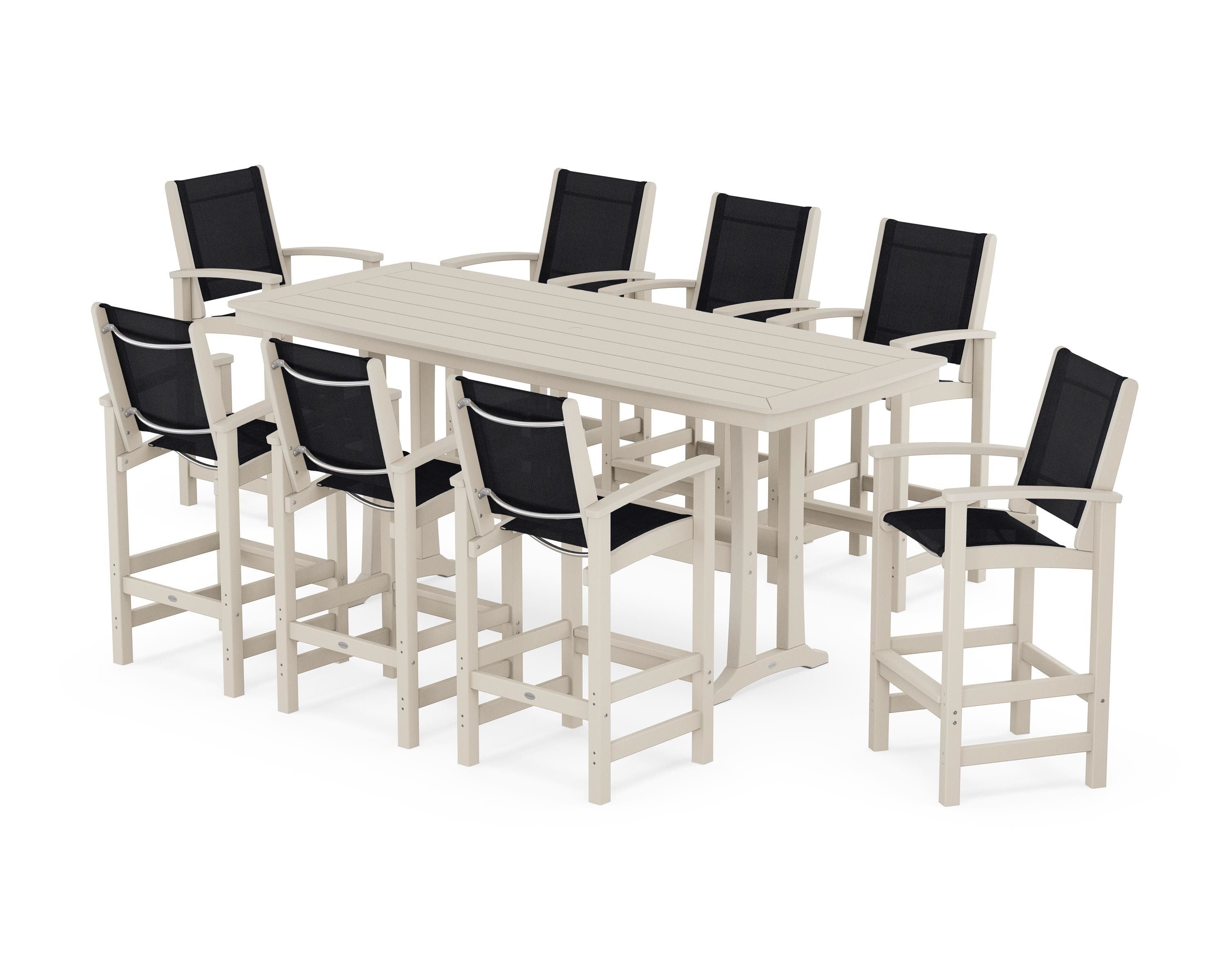 POLYWOOD® Coastal 9-Piece Bar Set with Trestle Legs in Sand / Black Sling