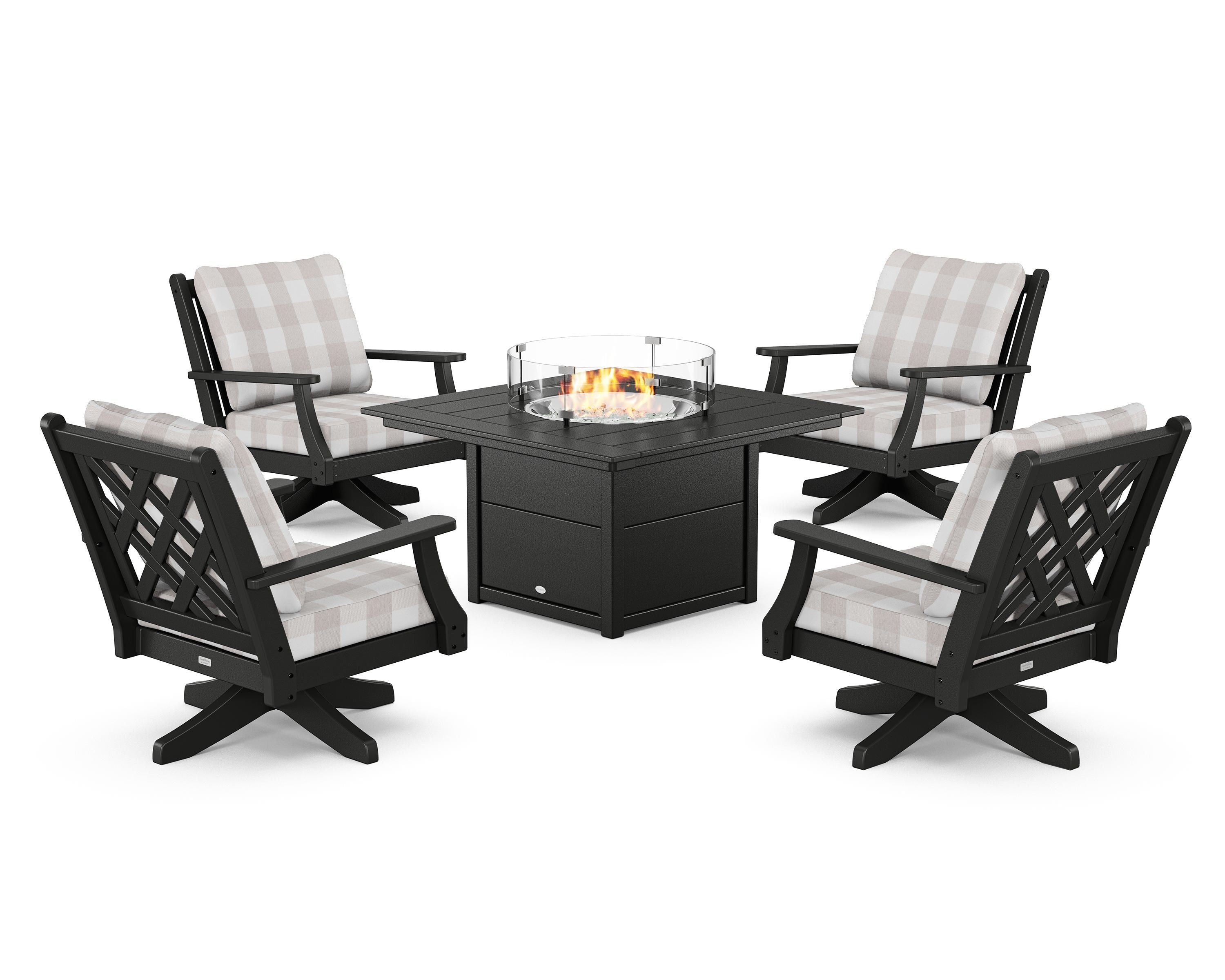 Country Living Wovendale 5-Piece Deep Seating Swivel Conversation Set with Fire Pit Table in Black / Buffalo Plaid Dune Burlap